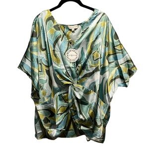 Umgee Women's Abstract Watercolor Green Blue Yellow Blouse‎ NWT Size XL